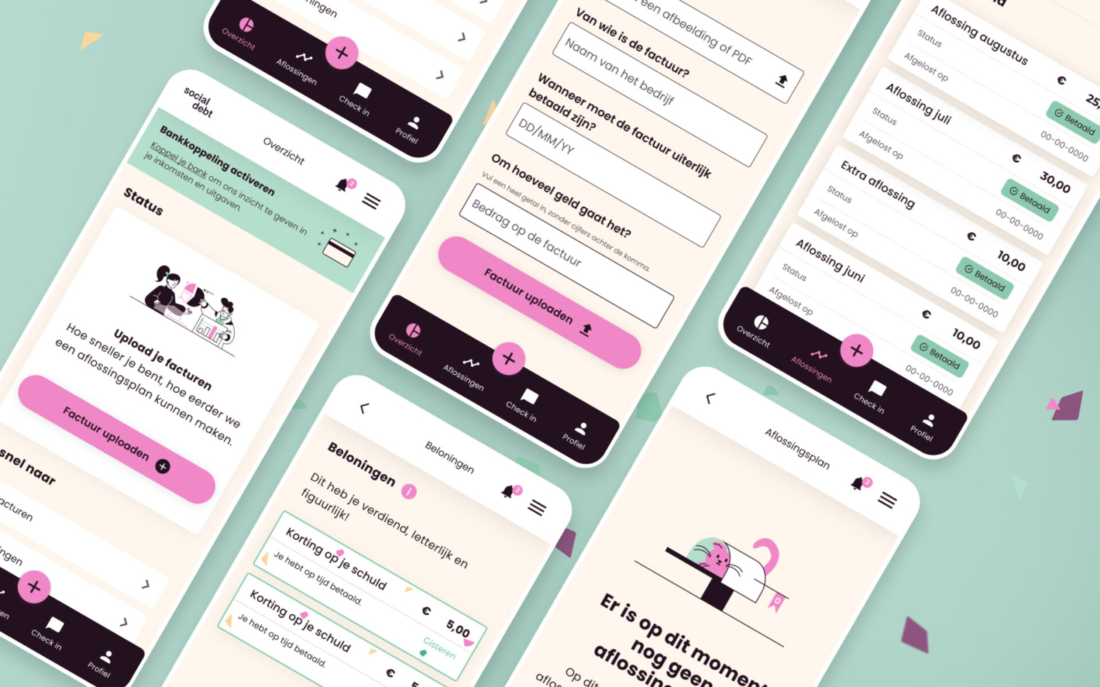 Socialdebt overzicht app schermen