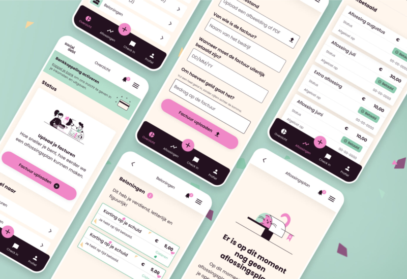 Socialdebt overzicht app schermen